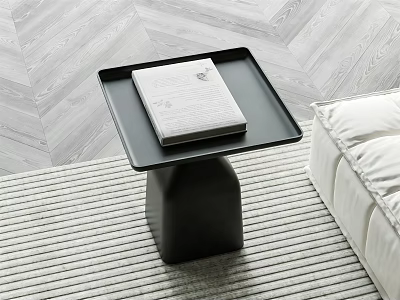 Modern Black Side Table with White Book on Tray Top Striped Rug and Light Sofa 3d model