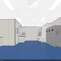 Modern Laboratory Interior With Blue Flooring White Walls Linear Ceiling Lights Lab Benches And Refrigerators
