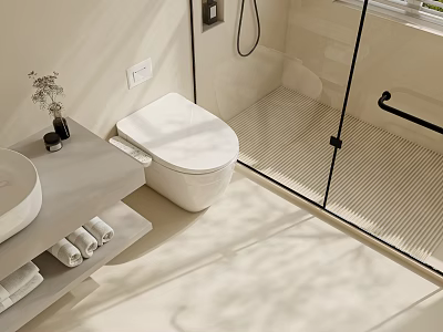 Modern Bathroom Interior Design With White Toilet Glass Shower Vanity Sink And Sunlight 3d model