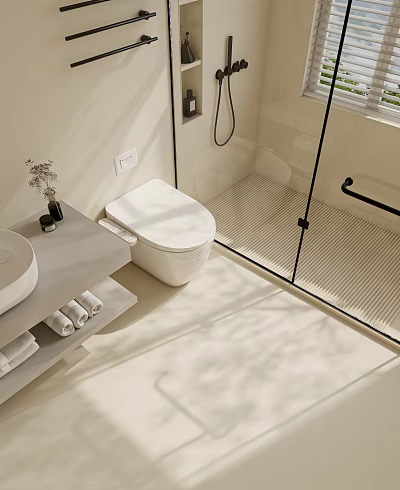 Modern Bathroom Interior Design With White Toilet Glass Shower Vanity Sink And Sunlight 3d model