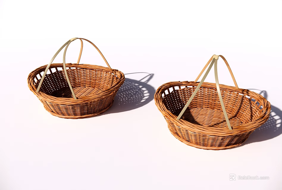 Two Handmade Wicker Storage Baskets with Sturdy Handles for Home Organization 3d model 