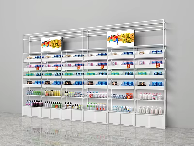 Retail Display Shelves With Multiple Layers Stocked With Various Products And Colorful Signage 3d model