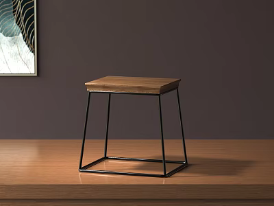 Modern Wooden Stool With Black Metal Frame On Wooden Surface Against Dark Brown Wall 3d model