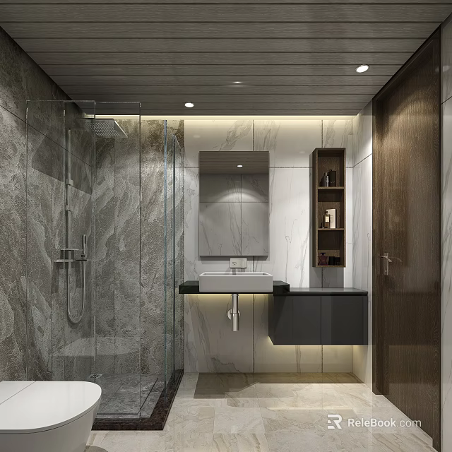 Modern Luxury Bathroom With Marble Tiles Glass Shower Enclosure And Practical Wall Mounted Vanity Design 3d model 
