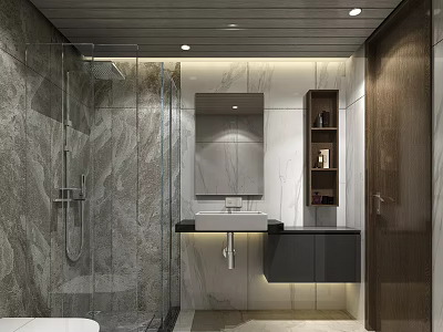 Modern Luxury Bathroom With Marble Tiles Glass Shower Enclosure And Practical Wall Mounted Vanity Design 3d model