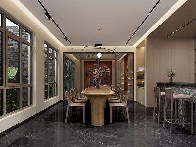 Modern Restaurant Interior With Large Wooden Table Chairs Windows Chandelier Bar Counter And Marble Floor 3d model