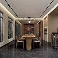 Modern Restaurant Interior With Large Wooden Table Chairs Windows Chandelier Bar Counter And Marble Floor