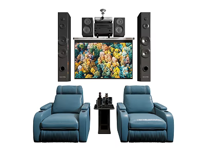 Two Blue Massage Chairs In Home Entertainment Room With Large Screen TV And Speakers 3d model