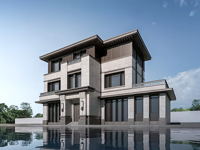 Modern Detached Villa Exterior With Stone Facade Large Windows And Pool 3d model