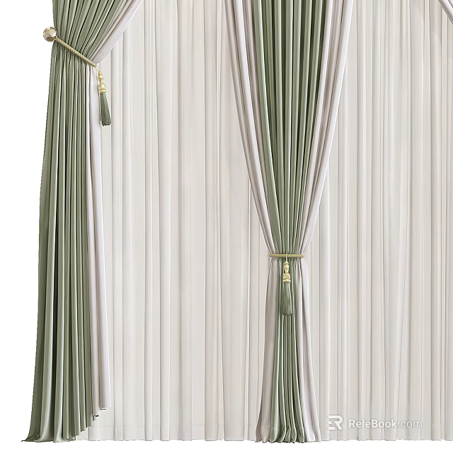 Green And White Pleated Curtains With Golden Tiebacks And Tassel Details 3d model 