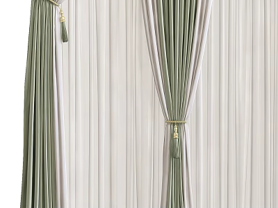 Green And White Pleated Curtains With Golden Tiebacks And Tassel Details 3d model