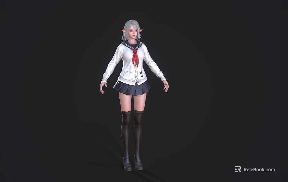 Woman With Silver Hair In White Sailor Top Red Scarf Dark Skirt And Black Boots 3d model 