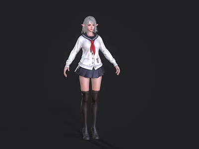Woman With Silver Hair In White Sailor Top Red Scarf Dark Skirt And Black Boots 3d model