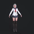 Woman With Silver Hair In White Sailor Top Red Scarf Dark Skirt And Black Boots