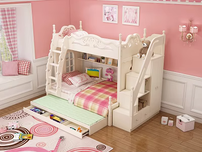 White Bunk Bed In Pink Kids Room With Ladder Bookshelf Drawers Plaid Bedspread And 3d model