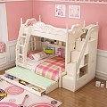 White Bunk Bed In Pink Kids Room With Ladder Bookshelf Drawers Plaid Bedspread And