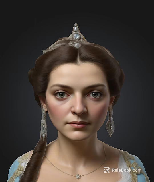 Classical Female Portrait With Elaborate Hairstyle Gemstone Headpiece Dangling Earrings And Soft Facial Features 3d model 