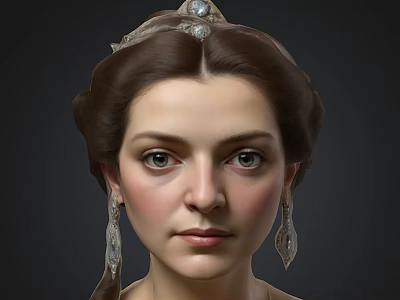 Classical Female Portrait With Elaborate Hairstyle Gemstone Headpiece Dangling Earrings And Soft Facial Features 3d model