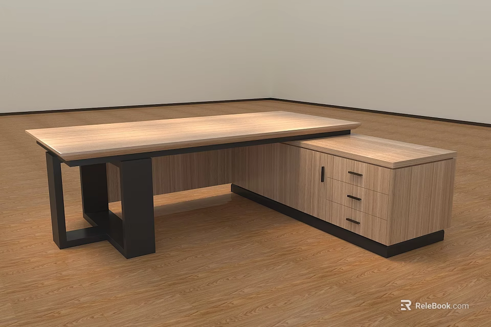 Modern Office Desk With Wooden Top Black Legs And Drawer Cabinet 3d model 