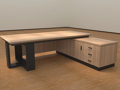 Modern Office Desk With Wooden Top Black Legs And Drawer Cabinet 3d model