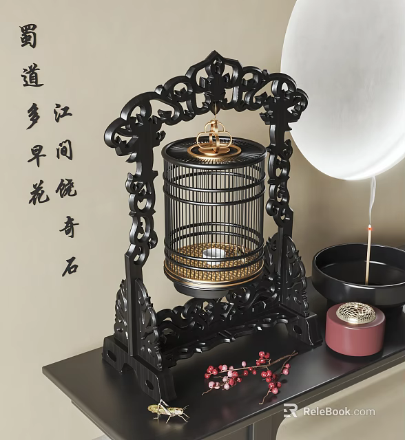 Traditional Decorative Ornament Set Featuring Black Carved Birdcage Gold Accents Incense Holder And Red Flowers 3d model 