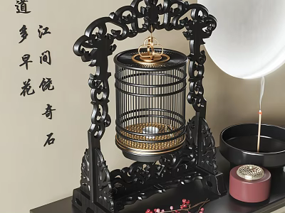 Traditional Decorative Ornament Set Featuring Black Carved Birdcage Gold Accents Incense Holder And Red Flowers 3d model