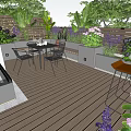 Elegant Courtyard Garden With Wooden Deck Outdoor Dining Set Planter Boxes And Colorful Plants