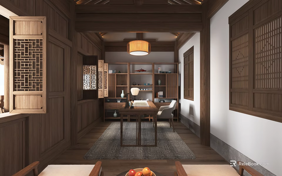 Traditional Chinese Study Room With Wooden Furniture Hanging Lamp Writing Desk And Bookshelves 3d model 