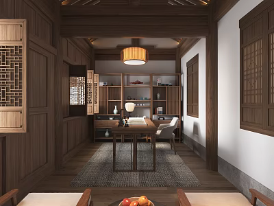 Traditional Chinese Study Room With Wooden Furniture Hanging Lamp Writing Desk And Bookshelves 3d model