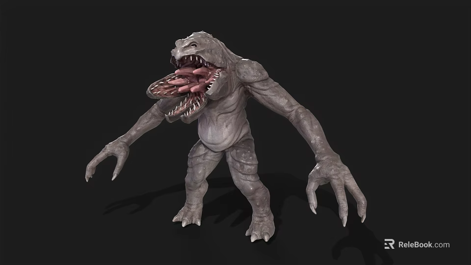 Game Movie Monster Character With Gray Skin Open Mouth Sharp Teeth And Long Claws 3d model 