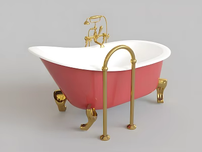 Free Standing Pink And White Bathtub With Gold Faucet And Legs 3d model