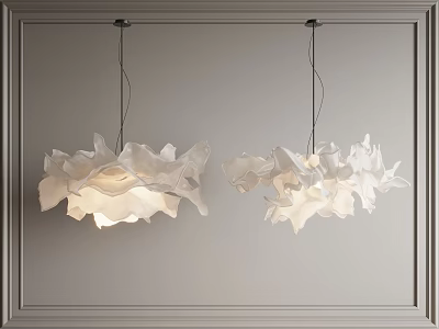 Modern White Ruffled Petal Chandeliers With Soft Lighting Hanging In Gray Wall Interior 3d model