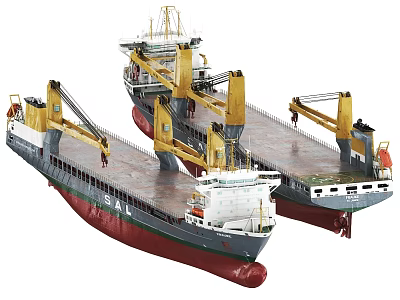 Two Cargo Ships With Yellow Cranes Gray And Red Hulls And Deck Equipment 3d model