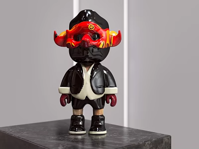 Red Horned Doll With Red Flame Mask And Black Coat Standing On Black Marble Platform 3d model