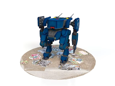 Blue Robot Standing on Ground With Scattered Money Bills 3d model