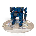 Blue Robot Standing on Ground With Scattered Money Bills
