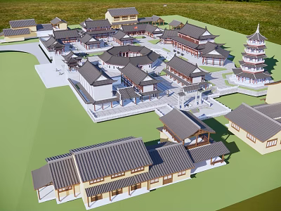 Traditional Chinese Ancient Architecture Complex With Courtyard And Pagoda Structure 3d model