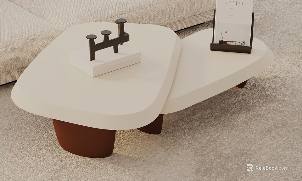 White Coffee Table with Asymmetrical Design Brown Wooden Legs and Stylish Decorative Items 3d model 