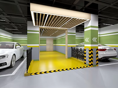 Modern Indoor Parking Garage With Yellow Floor Green White Pillars Wooden Ceiling And Warning Strips 3d model