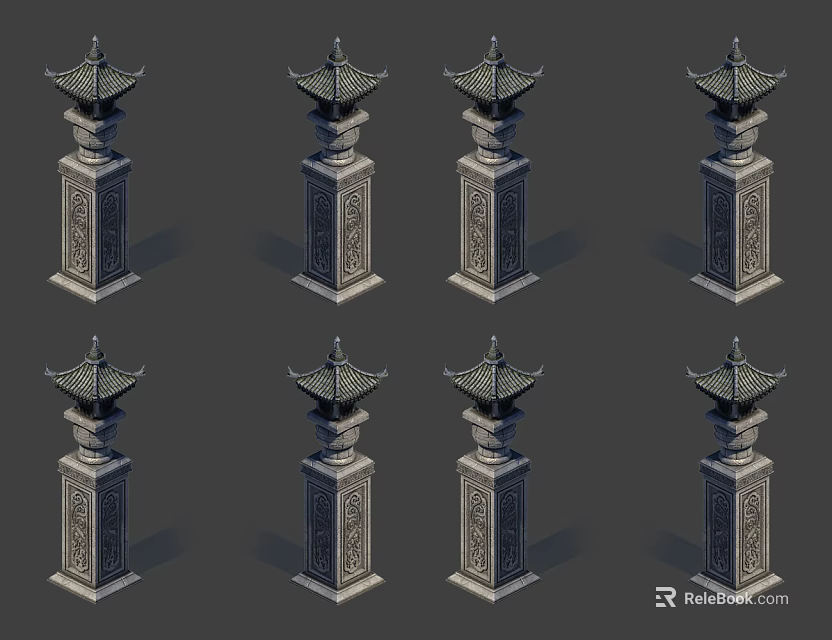 Traditional Chinese Outdoor Lights With Carved Pillar And Pagoda Style Top For Garden Decor 3d model 