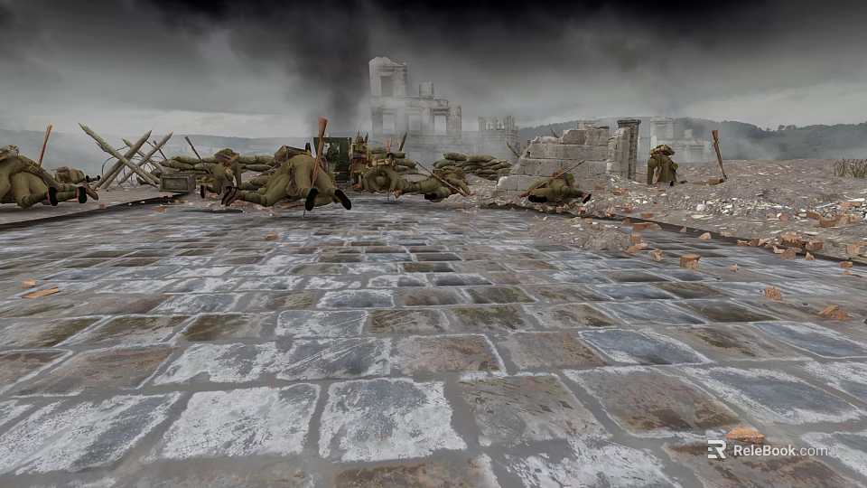 Cartoon Scene of Soldiers in Ruins With Cobblestone Ground Broken Buildings and Smoke 3d model 