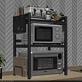 Kitchen Appliances Organized on Multi Tier Shelf With Microwave Oven Toaster and Herringbone Tile Wall