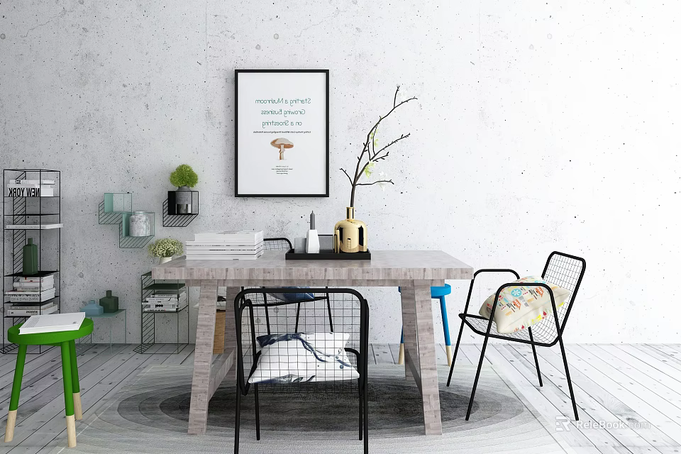 Modern Minimalist Dining Table Set With Chairs Decorative Poster And Green Plants 3d model 