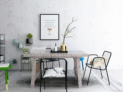 Modern Minimalist Dining Table Set With Chairs Decorative Poster And Green Plants 3d model