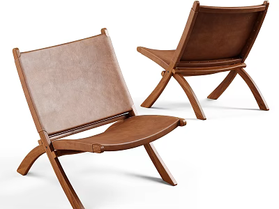 Pair of Modern Brown Leather Leisure Chairs with Wooden Frame and Minimalist Design 3d model