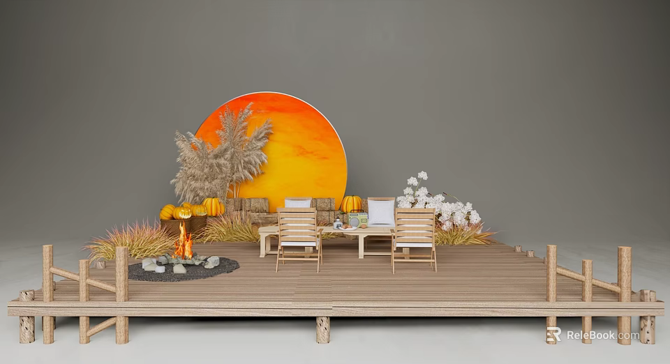 Autumn Outdoor Decor Scene On Wooden Deck With Sunset Backdrop White Flowers And Pumpkins 3d model 