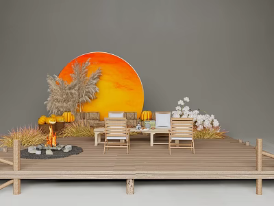 Autumn Outdoor Decor Scene On Wooden Deck With Sunset Backdrop White Flowers And Pumpkins 3d model