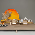 Autumn Outdoor Decor Scene On Wooden Deck With Sunset Backdrop White Flowers And Pumpkins