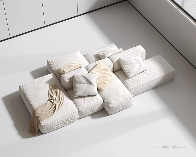 White Modular Sectional Sofa With Soft Cushions And Throw Blanket In Bright Minimalist Living Space 3d model 