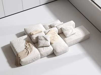 White Modular Sectional Sofa With Soft Cushions And Throw Blanket In Bright Minimalist Living Space 3d model